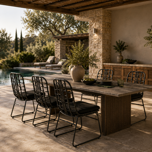 Outdoor dining area with a wooden table and chairs near a pool, surrounded by plants and stone walls.