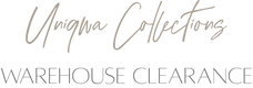 Text 'Uniqwa Collections Warehouse Clearance' in a stylized font on a transparent background